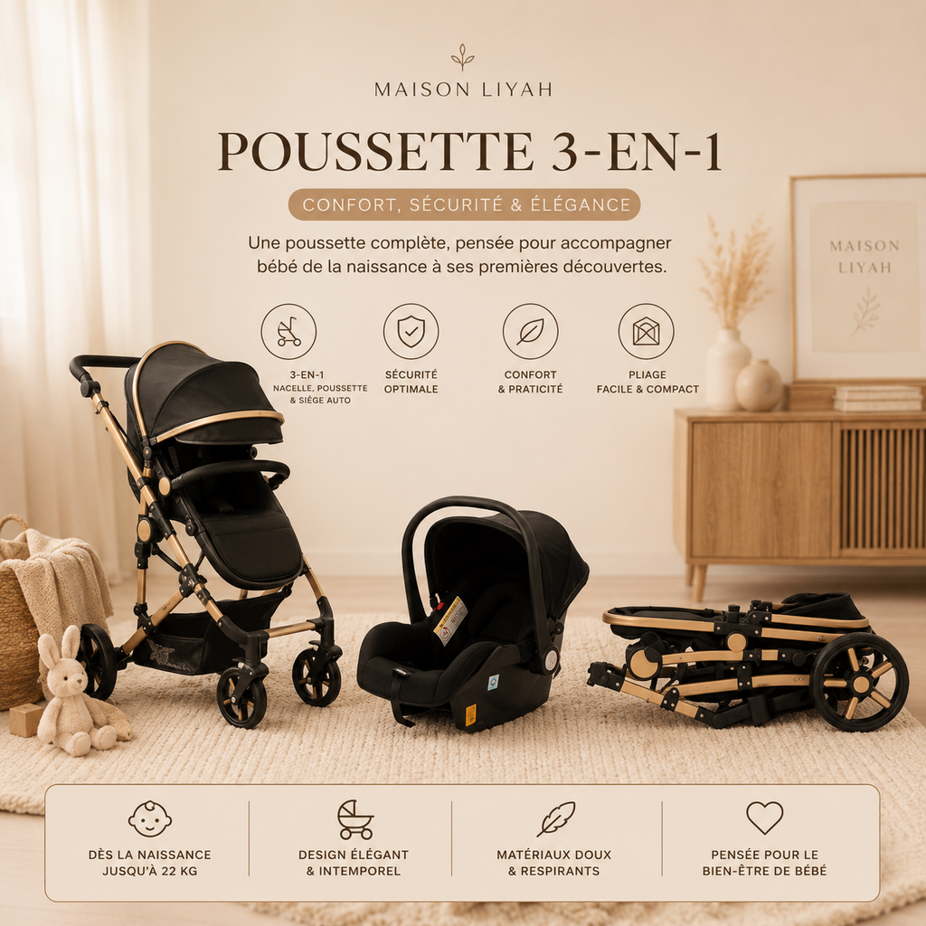 Poussette 3 en 1 Luxe - Nacelle, siège auto & Poussette évolutive dès la naissance