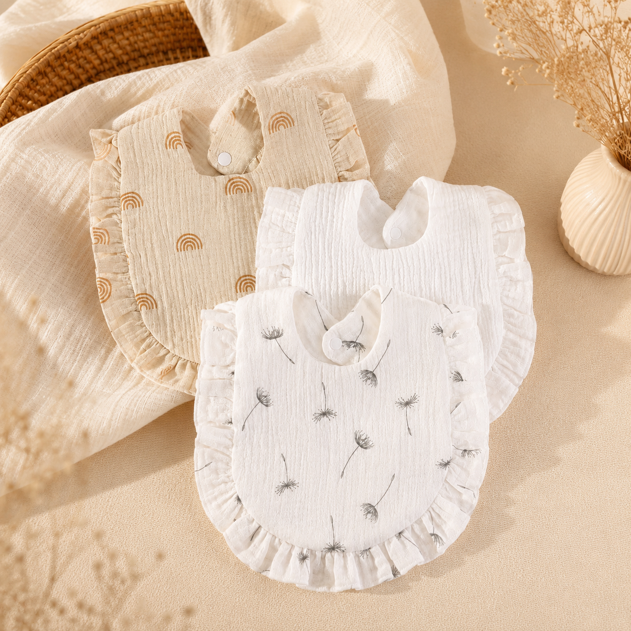 Lot de 3 bavoirs bébé en coton à volants