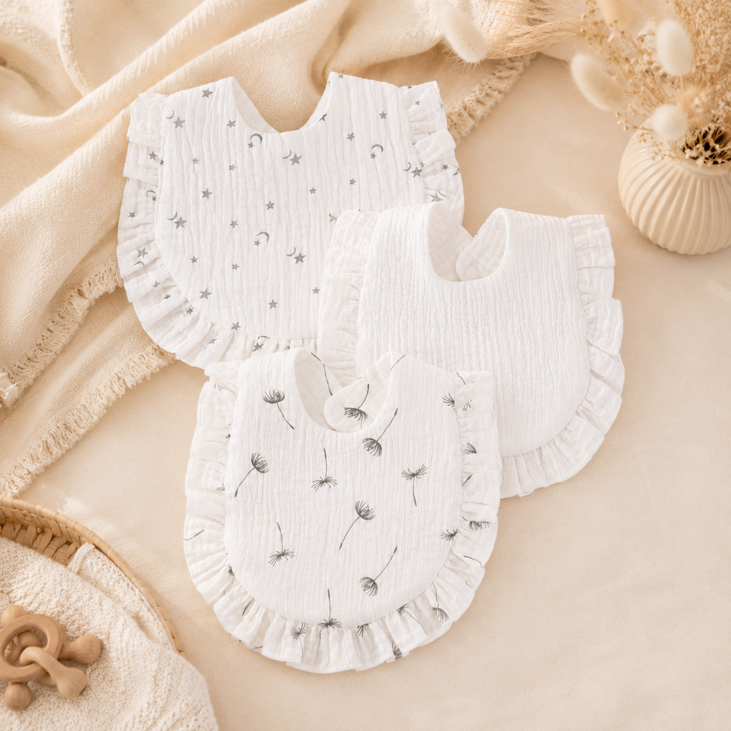 Lot de 3 bavoirs bébé en coton à volants