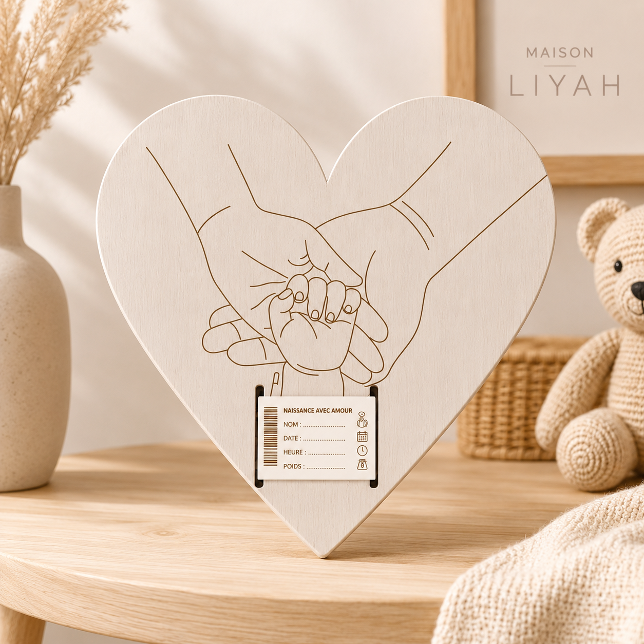 Plaque souvenir de naissance en bois avec support pour bracelet de maternité
