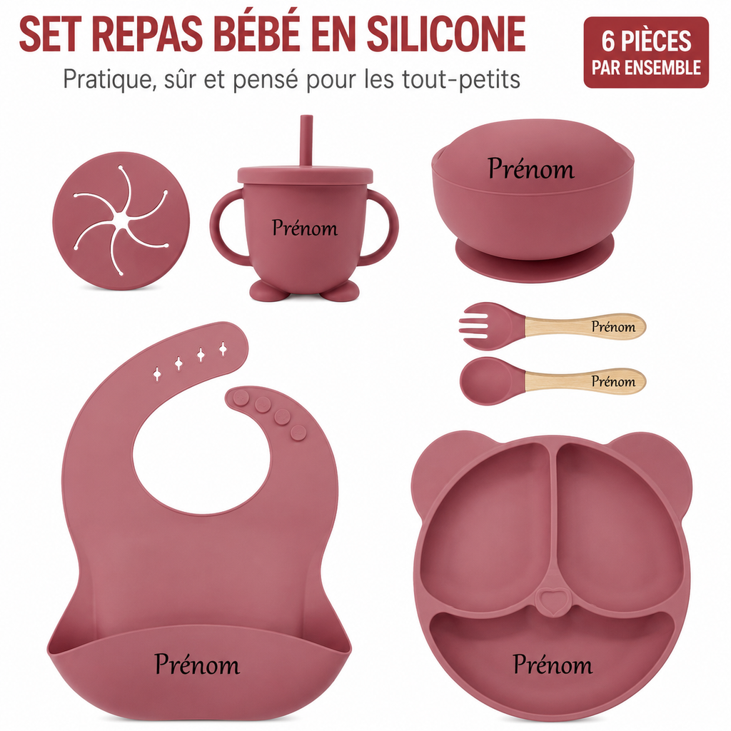 Set repas complet 6 pièces à personnalisé en silicone