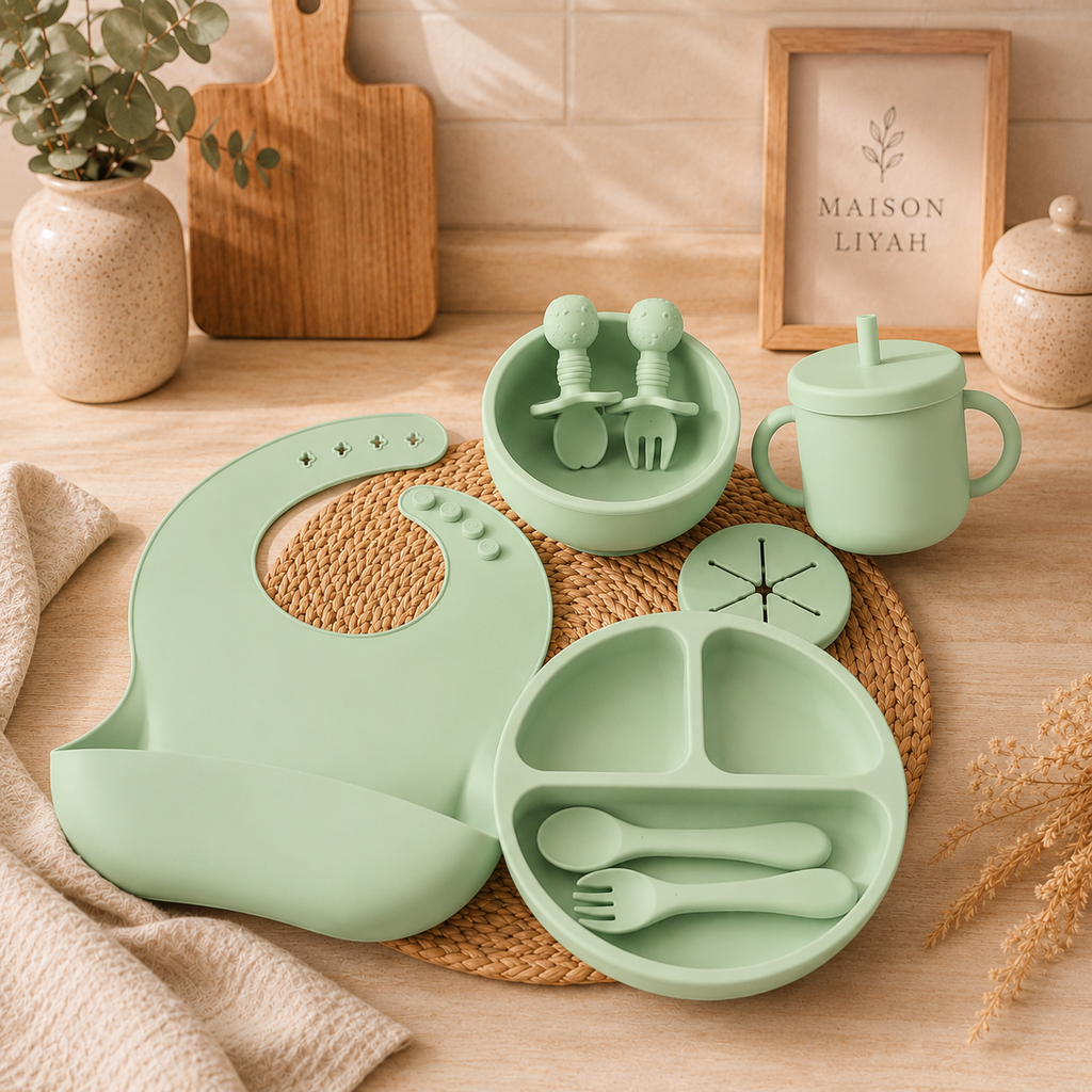 Coffret Repas Bébé Complet 9 Pièces en Silicone Alimentaire
