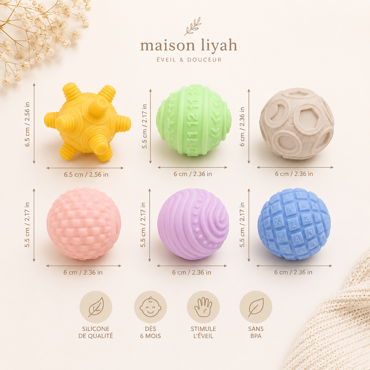Balles sensorielles Montessori – Éveil & dentition (Lot de 6)