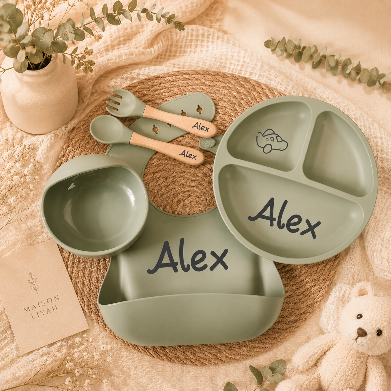 Coffret repas bébé personnalisé 5 pièces en silicone alimentaire
