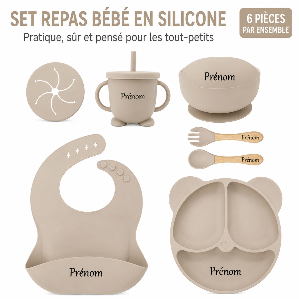 Set repas complet 6 pièces à personnalisé en silicone