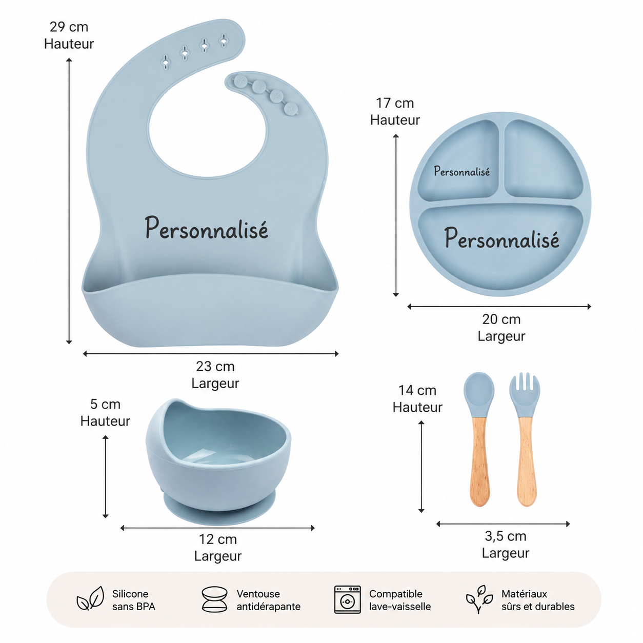 Coffret repas bébé personnalisé 5 pièces en silicone alimentaire