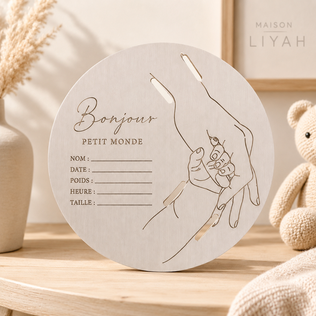 Plaque souvenir de naissance en bois avec support pour bracelet de maternité