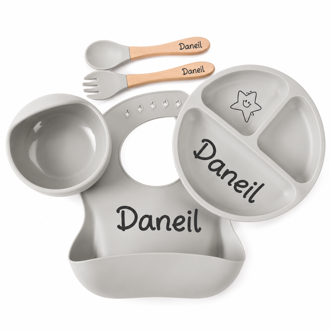 Coffret repas bébé personnalisé 5 pièces en silicone alimentaire