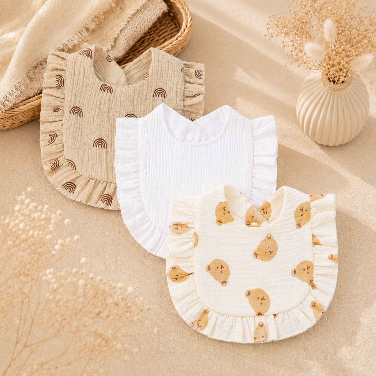 Lot de 3 bavoirs bébé en coton à volants