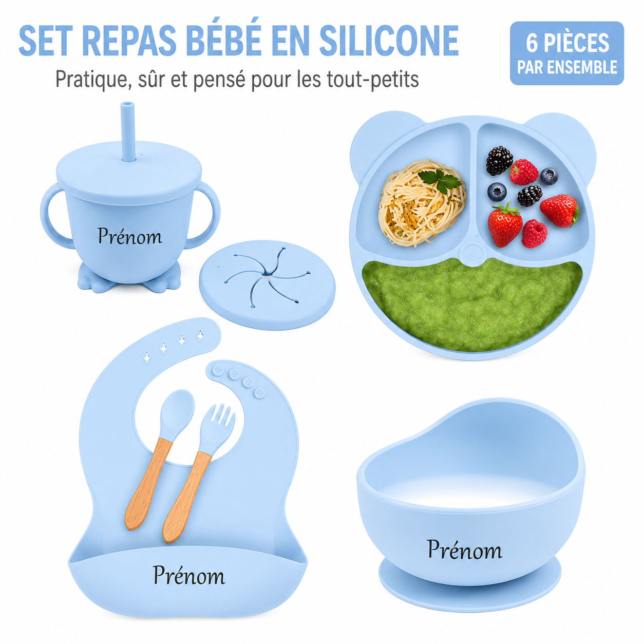 Set repas complet 6 pièces à personnalisé en silicone