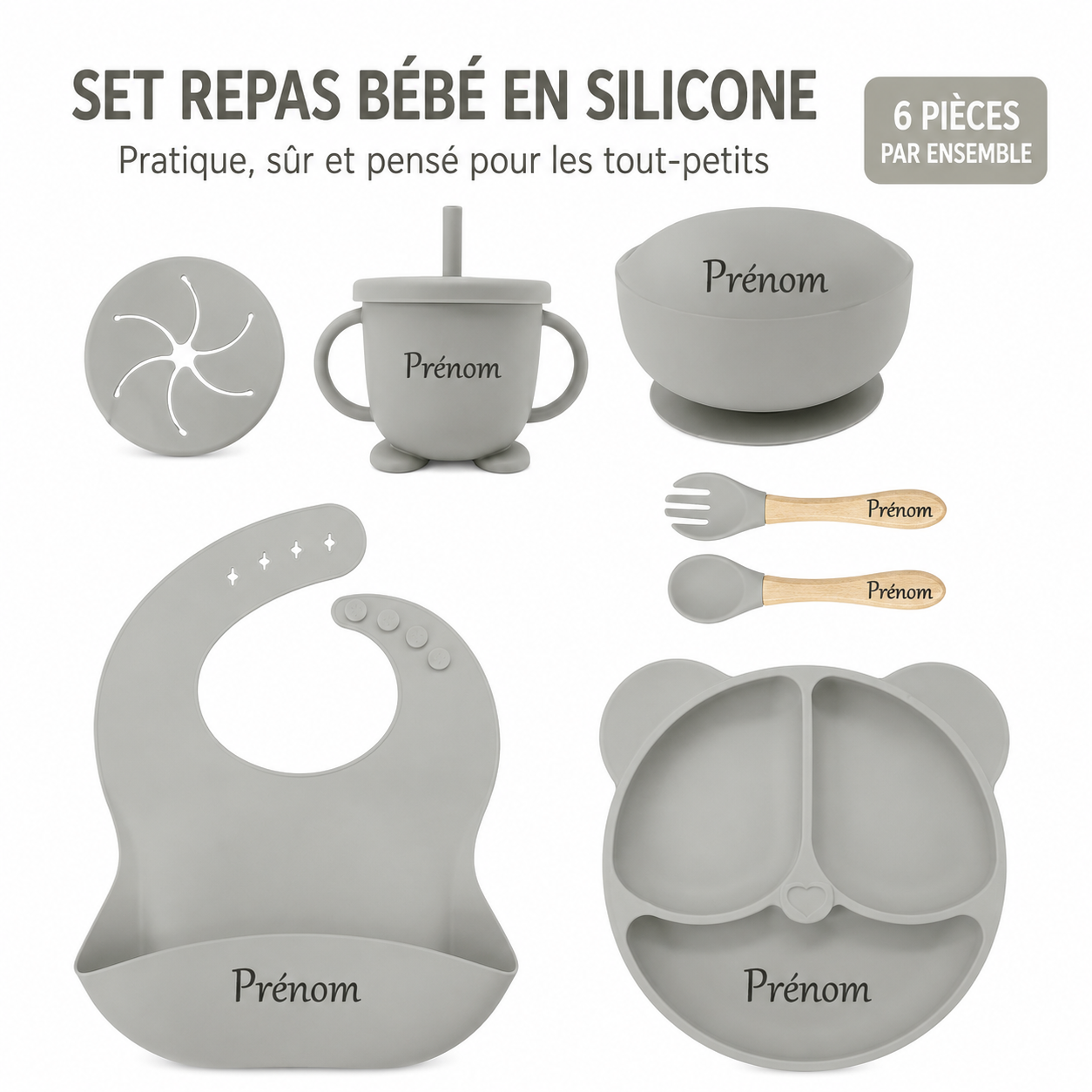 Set repas complet 6 pièces à personnalisé en silicone