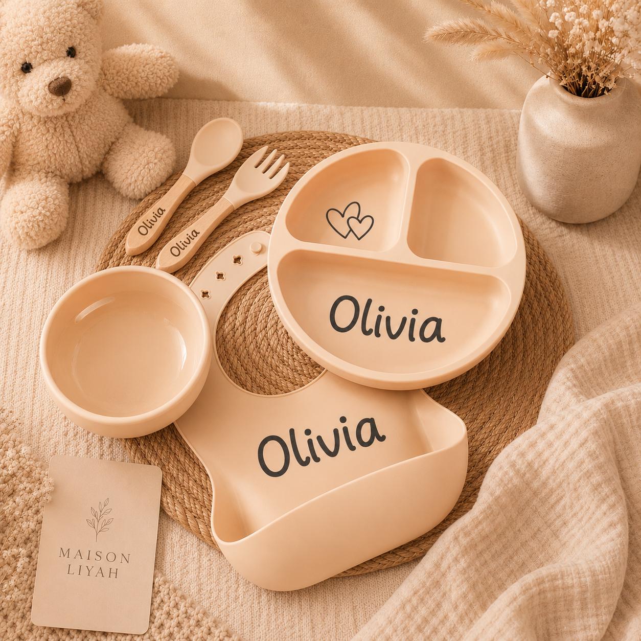 Coffret repas bébé personnalisé 5 pièces en silicone alimentaire