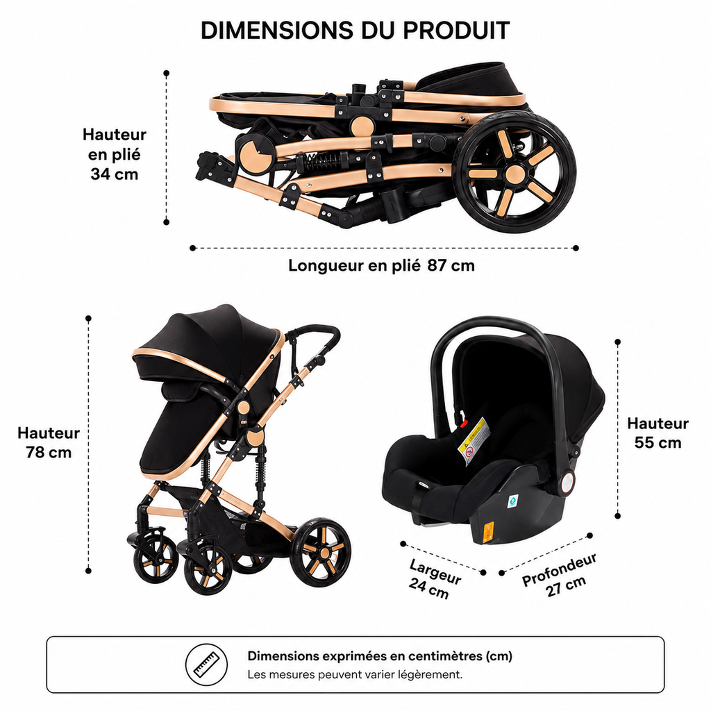 Poussette 3 en 1 Luxe - Nacelle, siège auto & Poussette évolutive dès la naissance
