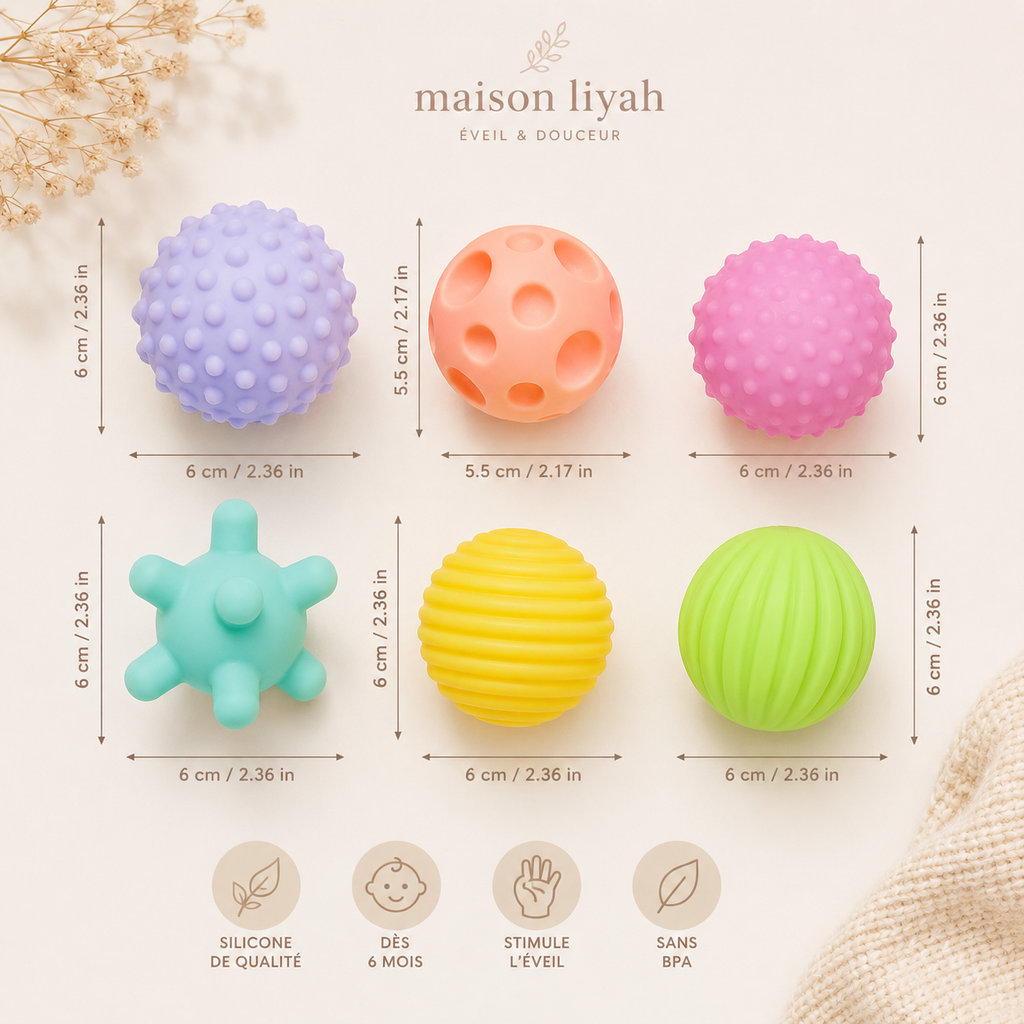 Balles sensorielles Montessori – Éveil & dentition (Lot de 6)